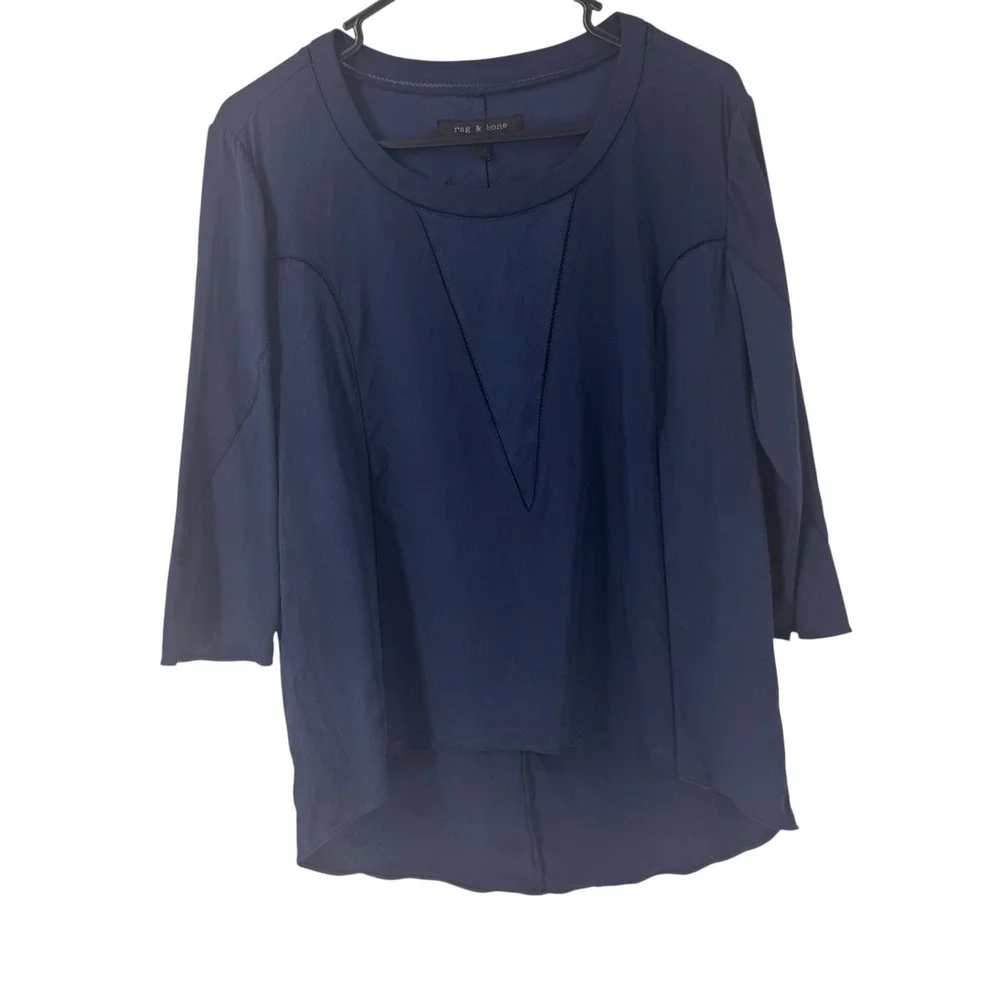 Rag‎ & Bone Navy Blue Silk Blend High-Low Blouse Ladder Stitch Detail Size M